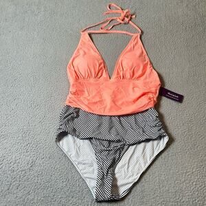 Holipick Swimsuit Womens L Peach Black Sleeveless Lace One‎ Piece Bikini NEW